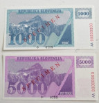 Slovenija Unc set bonov Specimen 1-5000 tolarjev