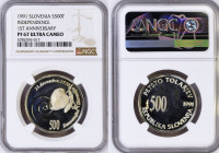 Srebrnik 500 Tolar 1991 1. obletnica NGC PF 67