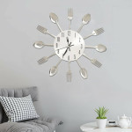 vidaXL Stenska ura z motivom žlic in vilic srebrna 31 cm aluminij