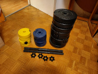 Fitnes uteži, skupaj 54 kg (8x5, 4x2 in 4x1,5) z ročkama