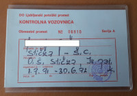 Kontrolna vozovnica LPP Stična - Ivančna Gorica 1991/1992