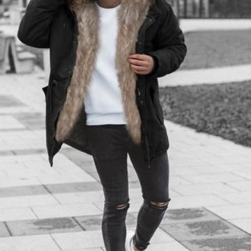 Jakna bunda s kapuco z umetnim krznom črna barva XL