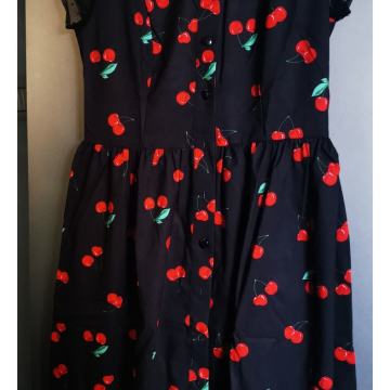 Črna srajčna midi dolga obleka s potiskom češenj, s, sm