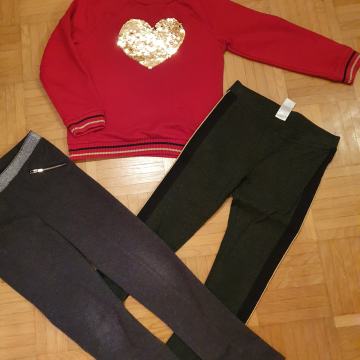 sweatshirt pulover + 2x hlače pajkice + brezrokavnik + majica 134 (778