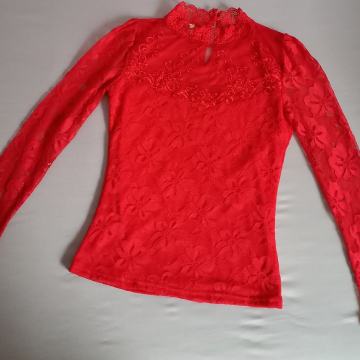 Rdeča ženska elegantna majica s čipko, XS