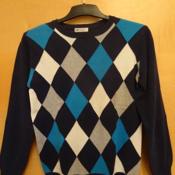 pulover H&M, velikost 12-14 let, 158-164 cm, z rombi, moder