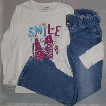 Dekliške jeans hlače s pasom H&M 140/146 + majca, kot novo, 8-10 let