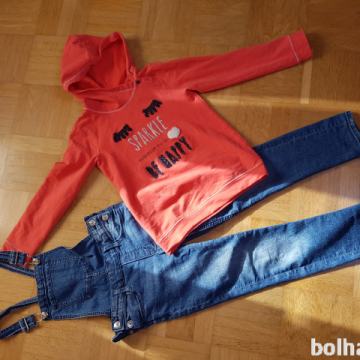 hlače jeans na naramnice 128 + kapucar hoodie 128 - 134 (753)