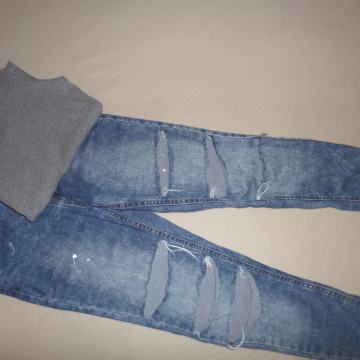 Jeans hlače (modne, raztegljive) + podarim majico, št. 152/158