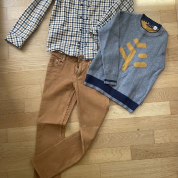 Komplet jeans hlače +srajca+pulover, Okaidi Št 128