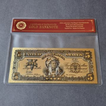24k pozlačen spominski bankovec 5 Dollars 1899 Indian Chief