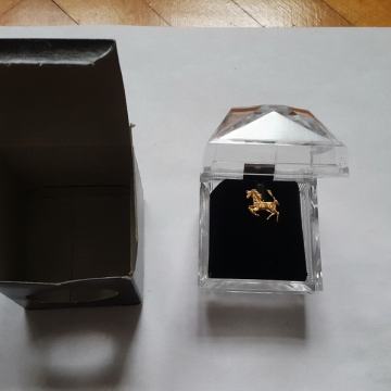 Broška/uhan/manšetni gumb (?) z motivom konja v plastični škatlici