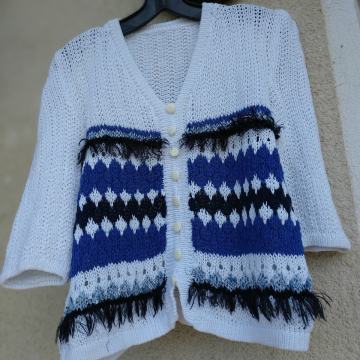 BELO MODRO PLETEN PULOVER L/XL