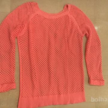 Modni mrežasto PLETEN PULOVER, marelično-roza, vel. S - NOVO