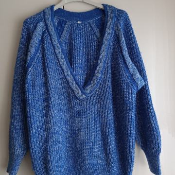 MODRO BEL PLETEN PULOVER M/L