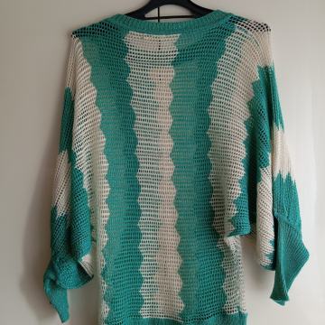 ZELENO BEL ČRTAST PLETEN MREŽAST PULOVER 40