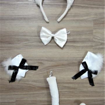 Pustni kostum Muca, dodatki - obroč z ušesi, rep, metuljček, trakova