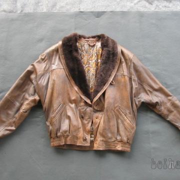 Usnjena jakna s krznenim ovratnikom, moška, XL