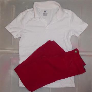 Rdeče ravne žametne hlače + NOVA majca H&M št. 134, 7-9 let