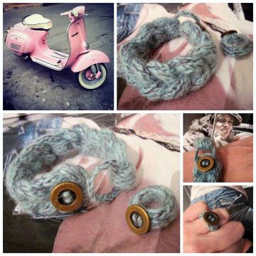 Retro azurna volnena zapestnica + prstan, S, nenošeno