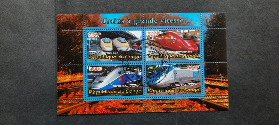 hitri vlaki (II) - Kongo 2011 - blok 4 znamk, žigosan (Rafl01)