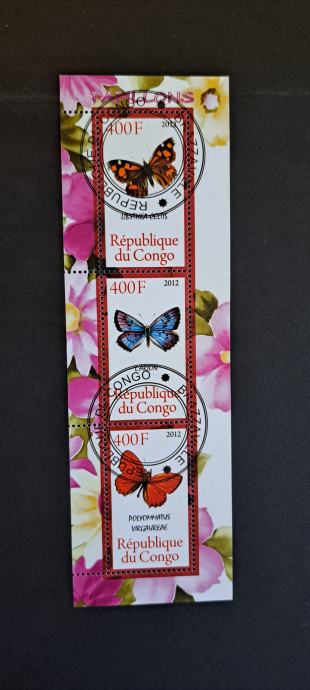 metulji (II) - Kongo 2012 - blok 3 znamk, žigosan (Rafl01)