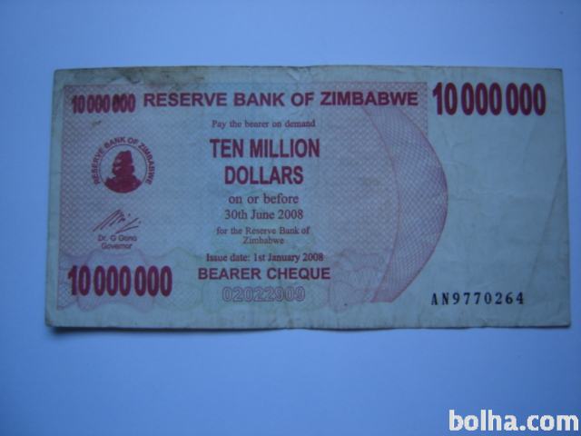 BANKOVEC 10 000 000 dollar 2008 Zimbabwe