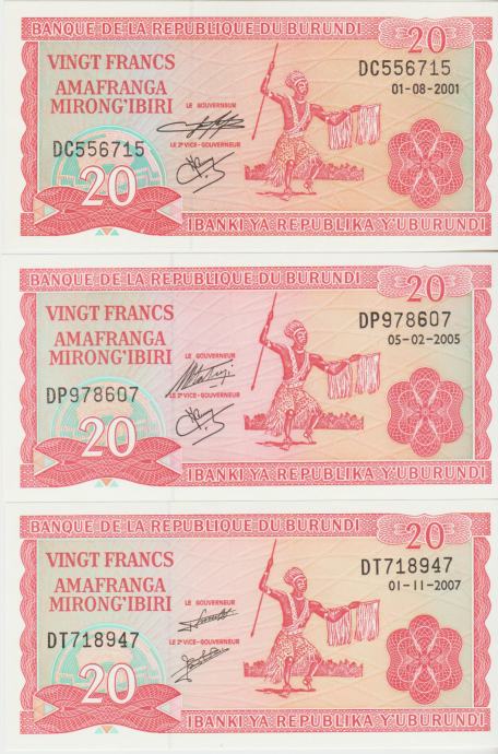 BANKOVEC 20  -2001, 2005,2007 FRANCS P27d.2 (BURUNDI) UNC