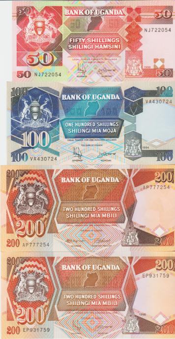 BANKOVEC 50-1998,100-1994,200-1987,1998 SHILLNGS P30c,P32a(UGANDA)UNC