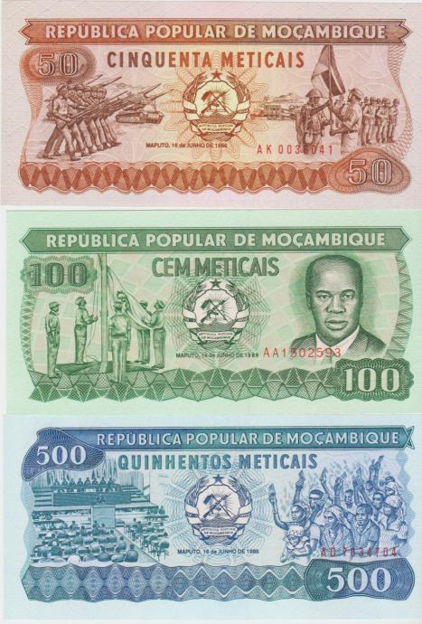 BANKOVEC 50,500-1986,100-1989 METICAIS (MOZAMBIK MOCAMBIQUE) UNC