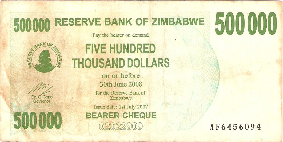 BANKOVEC 500 000 dollar 2008 Zimbabwe