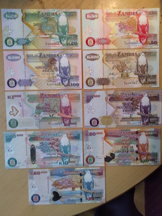 bankovec ZAMBIJA K-20 KWACHA 1992 DO K-50000 KWACHA 2011 LOT 9X