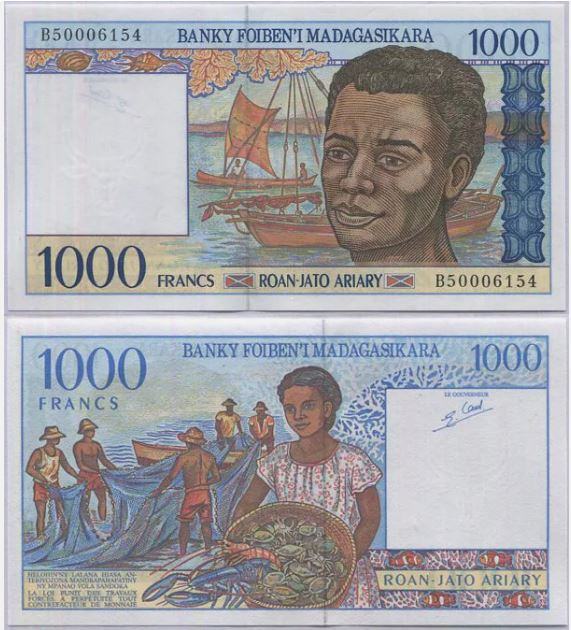 MADAGASKAR 500 in 1000 frankov 1984 UNC (ribič in pastir)