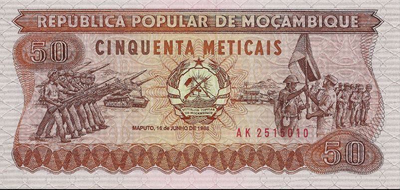 Mozambik 50 meticais 1986 UNC  - vojaki, tanki