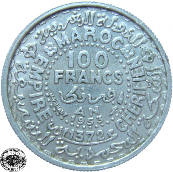 LaZooRo: Maroko 100 Francs 1953 XF - Srebro