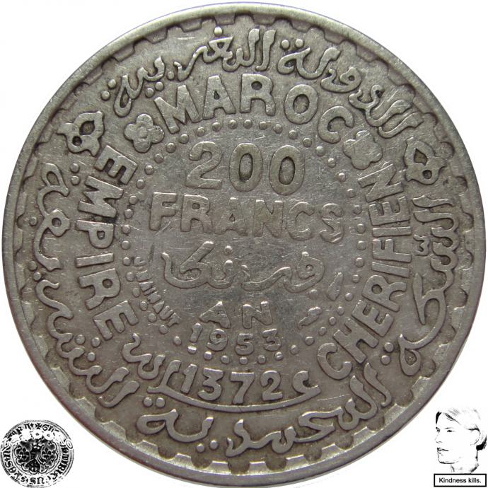 LaZooRo: Maroko 200 Francs 1953 XF a - Srebro
