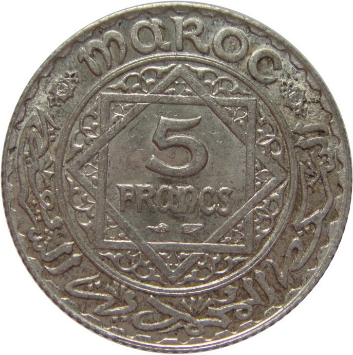 LaZooRo: Maroko 5 Francs 1934 UNC a - Srebro