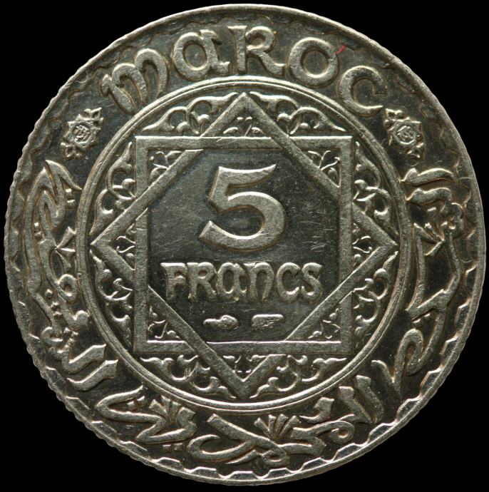 LaZooRo: Maroko 5 Francs 1934 UNC - srebro