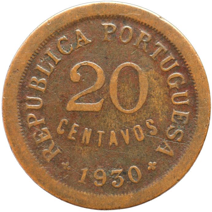LaZooRo: Portugalski Zelenortski otoki 20 Centavos 1930 VF