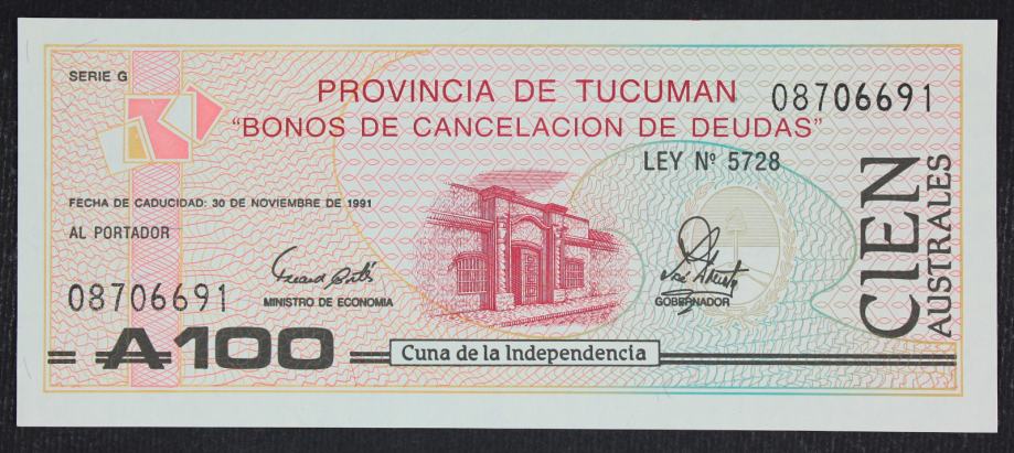 Argentina (Provinca Tucuman) 100 australes 1991 - UNC