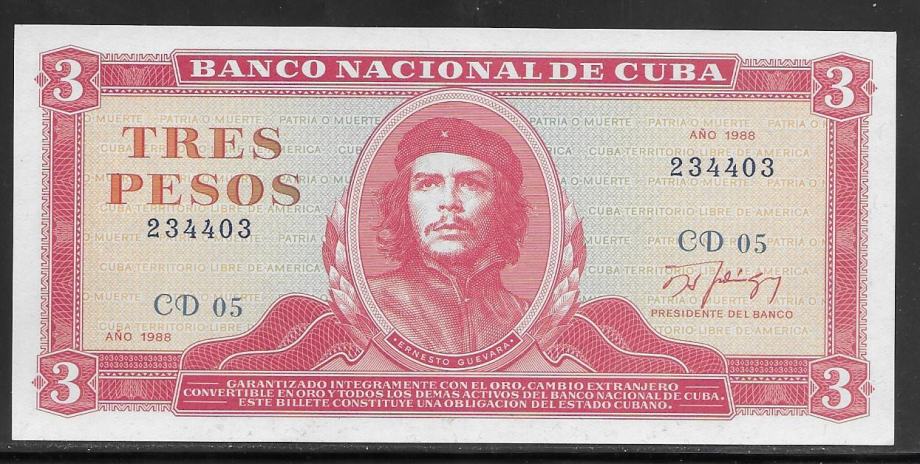 KUBA, Cuba, 3 pesos 1988 , prva izdaja Che Guevarra , UNC