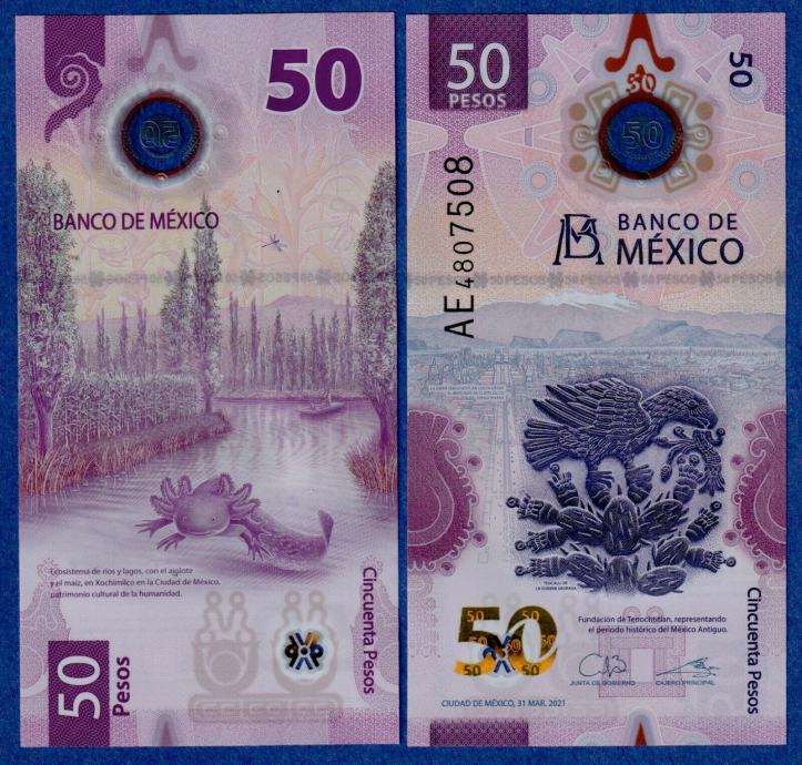 Mexico Mehika 50 pesos 2021 polimer bankovec UNC