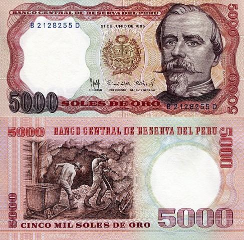 PERU, 5000 soles de oro, 1985, UNC