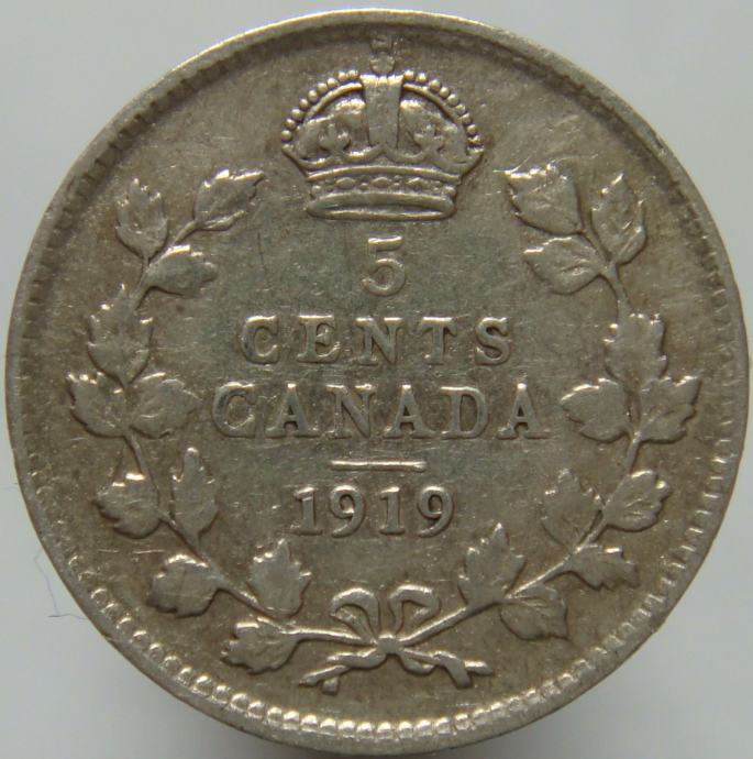 LaZooRo: Kanada 5 Cents 1919 VF/XF - Srebro