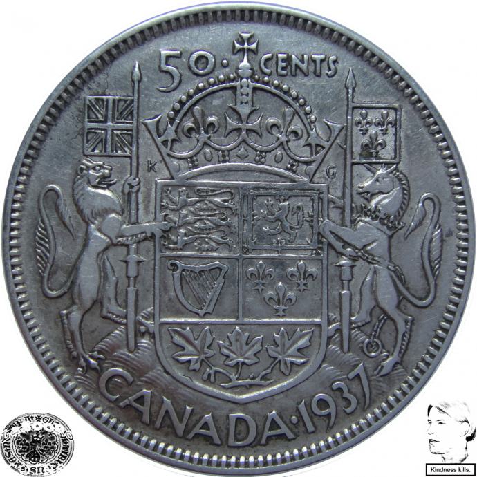 LaZooRo: Kanada 1/2 Dollar 50 Cents 1937 XF - Srebro