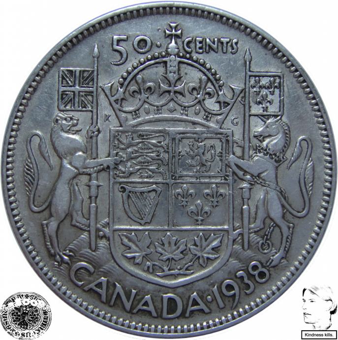 LaZooRo: Kanada 1/2 Dollar 50 Cents 1938 XF - Srebro