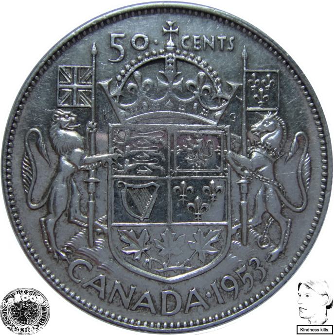 LaZooRo: Kanada 1/2 Dollar 50 Cents 1953 XF/UNC mali datum NSF- Srebro