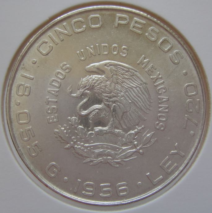 LaZooRo: Mehika 5 Pesos 1956 UNC - Srebro