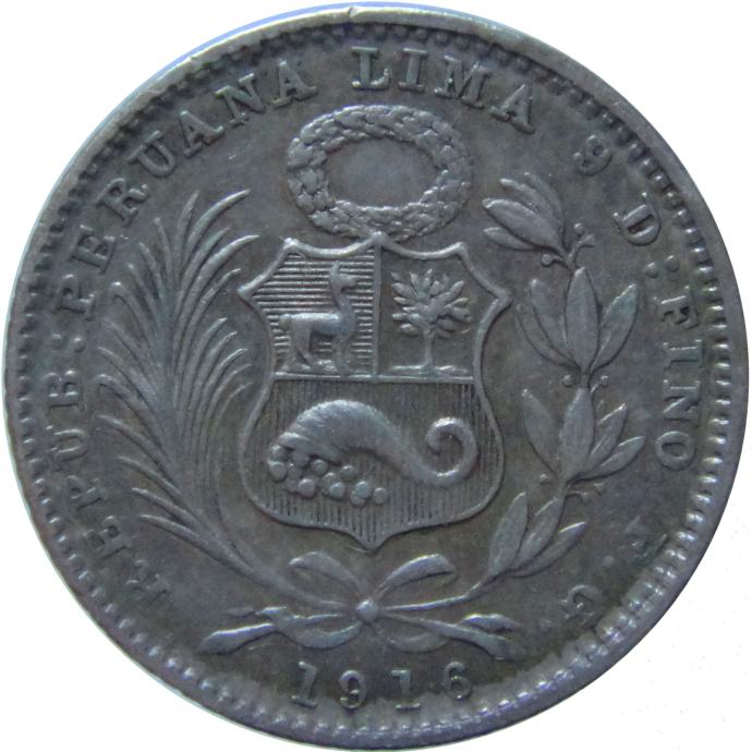 LaZooRo: Peru 1 Dinero 1916 XF/UNC patina - Srebro