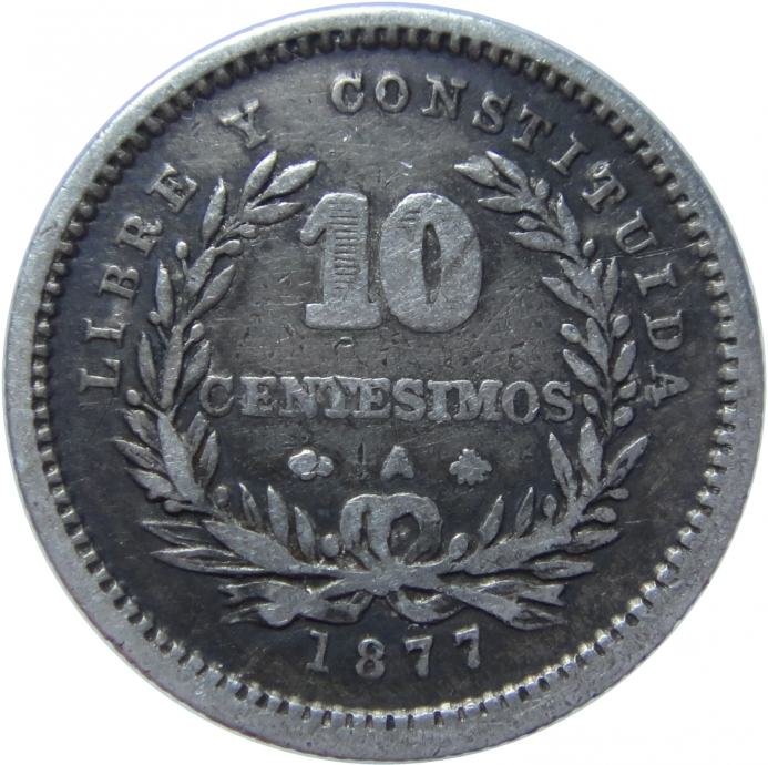 LaZooRo: Urugvaj 10 Centesimos 1877 VF - Srebro  KM# 14 10 CENTESIMOS